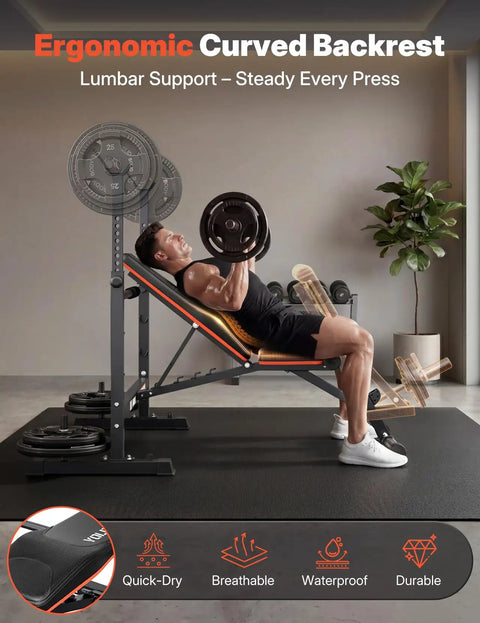 Man using All In One Olympic Weight Bench with Ergonomic Backrest for bench press in home gym
