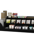 Large 3 Tier Coffee Station Organizer With Drawer, Wooden Countertop Pods Holder, 18 Compartments For Condiments Syrup Tea Cups And Accessories, Rustic Black Office Breakroom Lobby Bar Decor, Your Go To Coffee Setup And Stash showcasing cups and condiment packets displayed.
