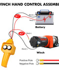 Diagram of 2500 Lb Electric Winch for ATV UTV Boat and Trailer with 50ft steel cable showing wiring to battery and remote