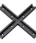 Beefy Aluminum T Track 3 Inch Intersection Kit For Woodworking Double Cut Profile With Pre Drilled Mounting Holes shown overhead in black anodized finish.