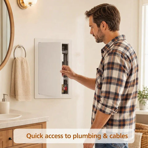 Man accessing plumbing through the Rock Solid 12 Inch Abs Plastic Hinged Access Panel Waterproof Wall Cover Door.