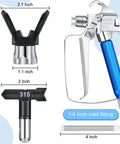 Heavy Duty Airless Paint Sprayer Gun Setup with sturdy nozzle guard, 315 size tip, and 1/4 inch inlet fitting for painting.