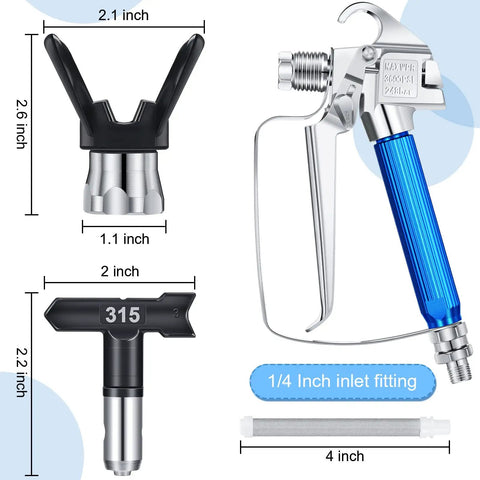 Heavy Duty Airless Paint Sprayer Gun Setup with sturdy nozzle guard, 315 size tip, and 1/4 inch inlet fitting for painting.
