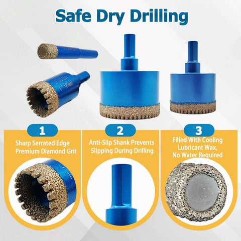 LITDDDW 10-pack diamond hole saw kit; blue dry/wet core bits with serrated diamond grit for tile and stone.