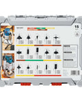Front view of Bosch 15-piece carbide-tipped wood router bit set in a gray plastic case