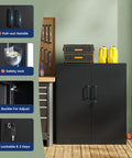 Heavy Duty Steel Garage Storage Cabinet With Two Doors And Adjustable Shelves Lockable File Counter Cabinet For Home Office Garage Gym School Black Tough As Nails For Busy Workshops And Home DIY Projects shown in a workshop setting.