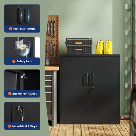 Heavy Duty Steel Garage Storage Cabinet With Two Doors And Adjustable Shelves Lockable File Counter Cabinet For Home Office Garage Gym School Black Tough As Nails For Busy Workshops And Home DIY Projects shown in a workshop setting.