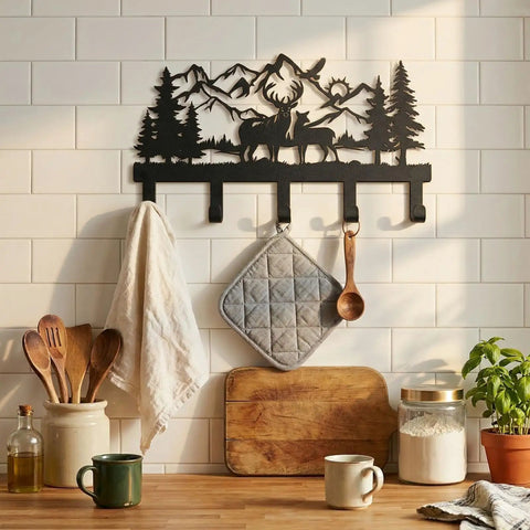 Deer Mountain Metal Key Holder Wall Mount For Rustic Cabin Decor Key Rack with deer and mountain design, mounted in kitchen.