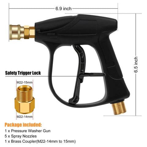 Side view of High Pressure Washer Gun For Cars And Power Washers, 4350 PSI Beast Mode Ready, showing size and brass coupler.