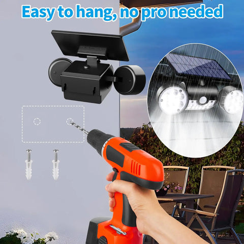 Installing Beefed Up Outdoor Solar Security Lights 30 LED Dual Head Motion Sensor, waterproof, adjustable for porch.
