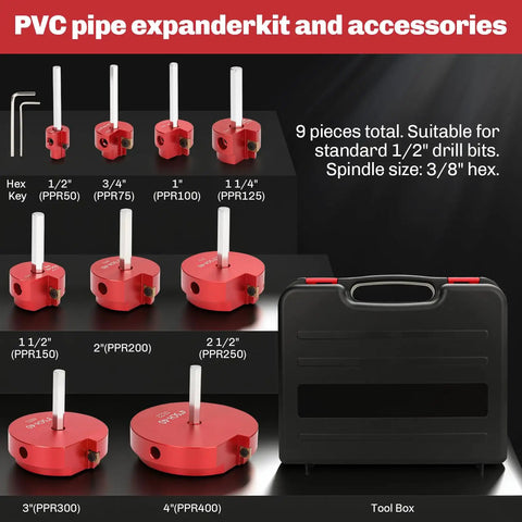 Pro Grade 9 Piece PVC Pipe Reamer Kit With 1/2, 3/4, 1, 1-1/4, 1-1/2, 2, 2-1/2, 3, 4 Inch Reamers and hex wrench in case