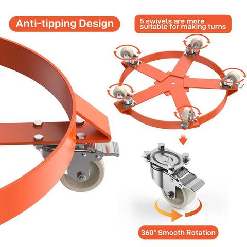 55 Gallon Drum Dolly Built Tough With 1250 Pound Capacity And Sturdy Steel Frame Five Swivel Wheels Showing Anti-tipping Design