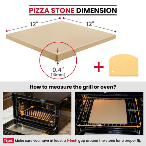 Durable Cordierite Pizza Stone For Oven And Grill 12 Inch Square Bake Stone For Extra Crispy Pizza And Bread With Dough Scraper Thermal Shock Resistant Up To 1450 Degrees Fahrenheit dimensions and installation guide
