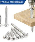 600 Piece 304 Stainless Steel Wood Screws Set With 18 Sizes Self Tapping Phillips Pan Head For Wood And Sheet Metal Sizes Four Through Twelve Lengths From Three Eighths Inch To One And A Half Inches Silver, shown in use on wood