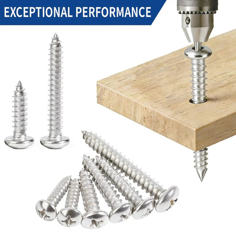 600 Piece 304 Stainless Steel Wood Screws Set With 18 Sizes Self Tapping Phillips Pan Head For Wood And Sheet Metal Sizes Four Through Twelve Lengths From Three Eighths Inch To One And A Half Inches Silver, shown in use on wood
