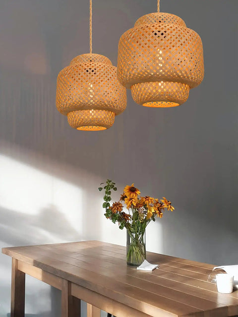 Plug In Pendant Light With Handmade Bamboo Lampshade Boho Rustic Chandelier Dimmer Switch Woven Rattan Basket Shade