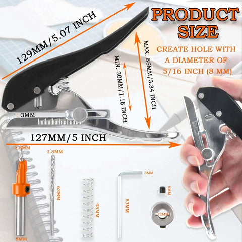 Heavy Duty 8mm Adjustable Single Hole Punch Set with Wood Countersink Drill Bit for woodworking crafts and DIY projects.