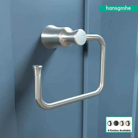Joleena Towel Ring In Brushed Nickel 8.3 Inches Wide Wall Mount Bath Accessory With Sleek Classic Style Installed on Blue Wall