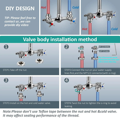 Guide to install Wall Mount Outdoor Shower Kit With Handheld Spray, Double-Handle Exposed Shower, Chrome Finish, shown in steps.