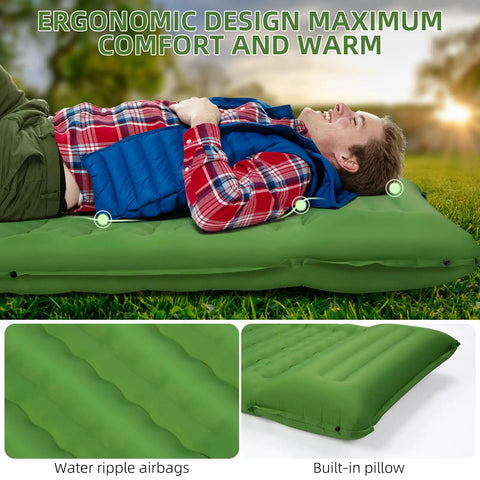 Person lying on green 5 Inch Thick Camping Sleeping Pad With Built In Pillow And Foot Pump, 79 By 28 Inch Lightweight Air Mattress