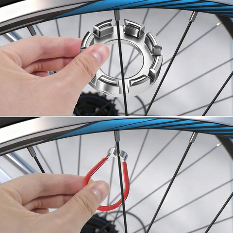 Hand using Eight Way Universal Bicycle Spoke Wrench Tool For Wheel Truing And Tension Adjustment In Hardened Steel, The All In One Kit
