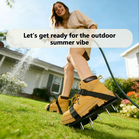 Woman wearing Durable Lawn Aerator Shoes with Adjustable Straps on a sunny day, boosting lawn health in a garden setting.