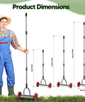Labor Saving No Fuss Lawn Dethatcher With Wheels Roller Rake For Lawn Care shown with adjustable stainless steel handle heights.