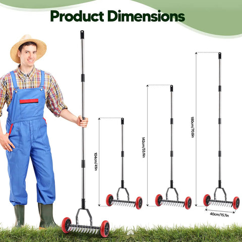 Labor Saving No Fuss Lawn Dethatcher With Wheels Roller Rake For Lawn Care shown with adjustable stainless steel handle heights.