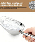 12 Oz 304 Stainless Steel Ice Scoop With Magnetic Hook Heavy Duty Bar Kitchen Scoop holding ice cubes