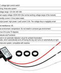 Diagram and components of a DC voltage light control switch with wiring details and specifications.