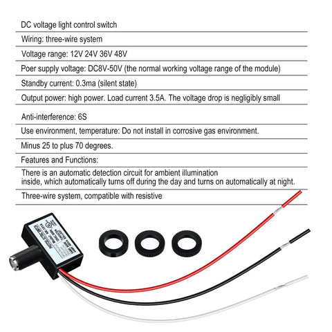 Diagram and components of a DC voltage light control switch with wiring details and specifications.