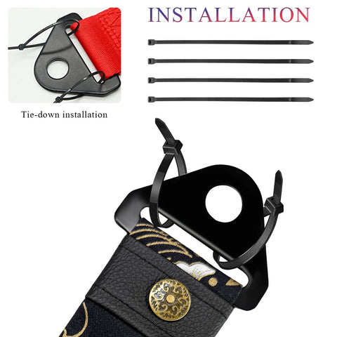 Sick JDM Koi Fish Racing Tow Strap installation showing tie-down with black zip ties on nylon strap.