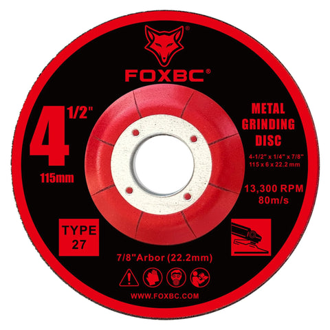 FOXBC front view: 4-1/2 in aluminum oxide Type 27 depressed-center grinding disc for angle grinders, 25-pack