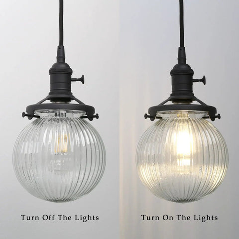 Three Light Linear Pendant Island Lighting With 5.9 Inch Globe Striped Glass Shades, lights off on left, lights on on right