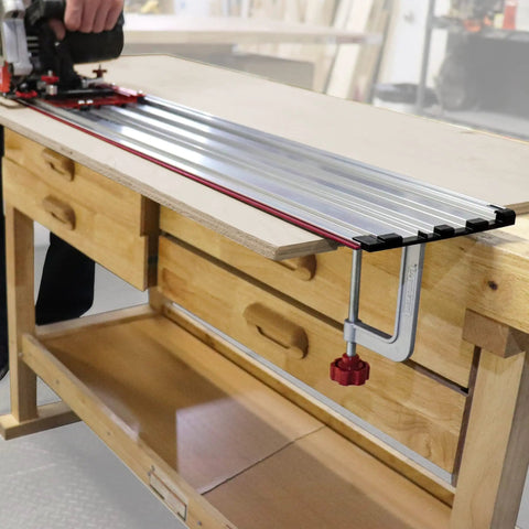 Person using 55 Inch Rail Extensions For Track Saw Guide Increase Range To Over 8 Feet With All Aluminum Construction And 4 Rail Connectors.