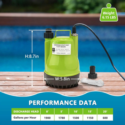 Workhorse Portable Submersible Utility Pump One Quarter HP 1900 GPH for pools and gardens, dimensions shown in image