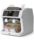 Heavy Hitter Multi Currency Money Counter Machine That Value Counts And Sorts Mixed Banknotes With 7 Point Security Counterfeit Money Detector Ripping Through 1200 Bills Per Minute front view, featuring Australian banknotes stacked.