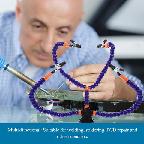 Man using Third Hand Soldering Station and Tool Holder Blue for PCB repair with adjustable clamps