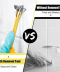 4 In 1 Grout Removal Tool Scraper with Tungsten Carbide Head in use on tile joints, shown in comparison to manual scraping method.