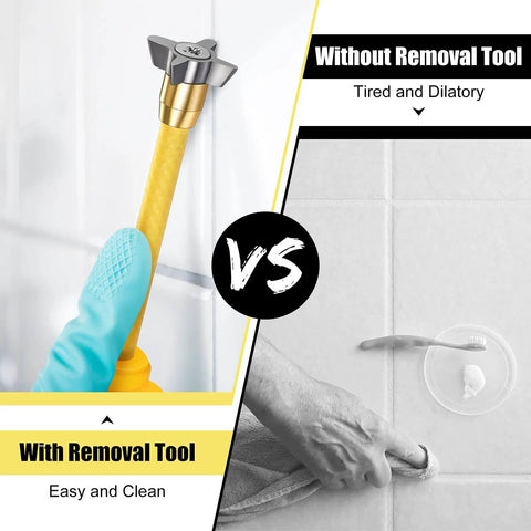 4 In 1 Grout Removal Tool Scraper with Tungsten Carbide Head in use on tile joints, shown in comparison to manual scraping method.