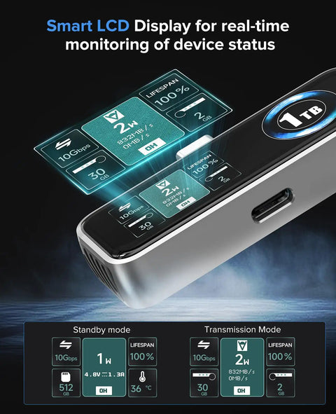 Magnetic Portable SSD 1TB With Built In Fan, USB 3.2 Gen2 Up To 990MB/s, LCD display for device status monitoring