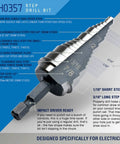 TH0357 step drill bit with M35 cobalt high speed steel, designed for electricians, showing size increments from 1/4 to 3/4 inches.