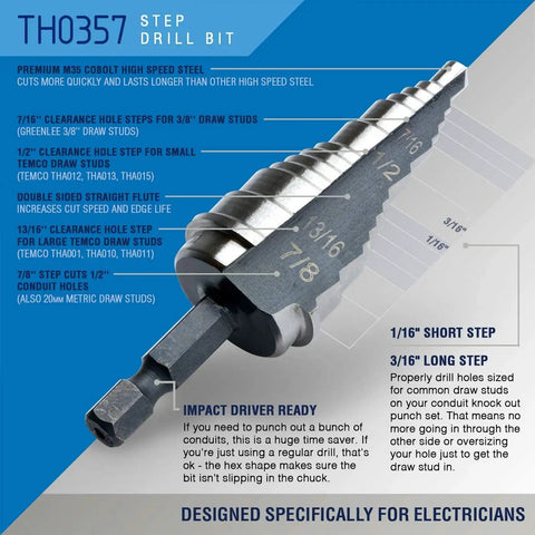 TH0357 step drill bit with M35 cobalt high speed steel, designed for electricians, showing size increments from 1/4 to 3/4 inches.