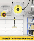 Long Reach Retractable Extension Cord Reel With 30 Foot Cord And 9.5 Foot Leader Ceiling Or Wall Mount with reset button