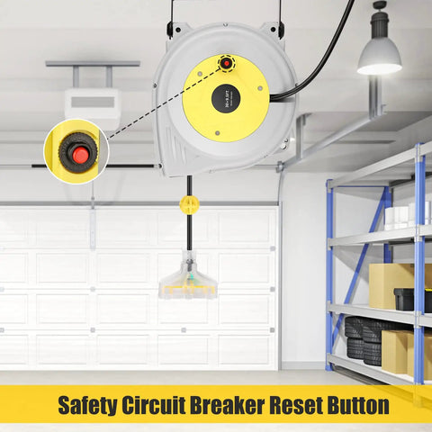 Long Reach Retractable Extension Cord Reel With 30 Foot Cord And 9.5 Foot Leader Ceiling Or Wall Mount with reset button
