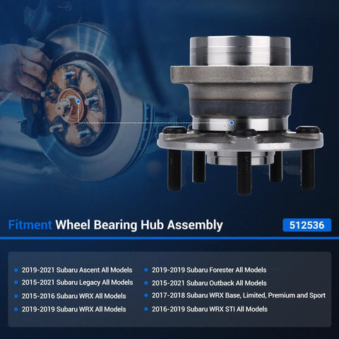 Rear Wheel Bearing Hub Assembly 512536 For Subaru Outback 2015 To 2021, Forester 2019, WRX 2015 To 2019, Legacy 2015 To 2021, Ascent 2019 To 2021 5 Lug With ABS Pack Of 2 Ready To Install Replacement shown in display image.