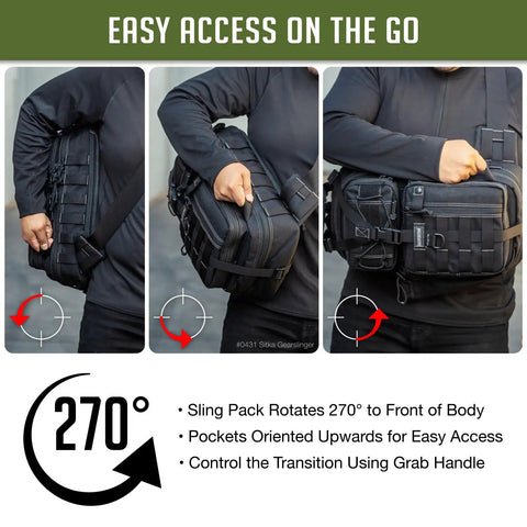 Hardcore Single Shoulder Tactical Sling Bag For Rapid Weapon Shouldering, built tough with ripstop nylon, showcasing rotating access features.