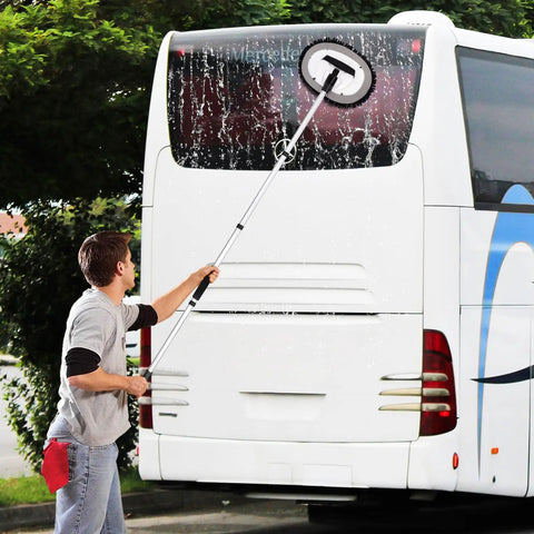 Person using 62 Inch Adjustable Car Wash Brush Kit With Long Handle Chenille Microfiber Scrub Mitt And Sponge Scratch Free Replacement Head on bus