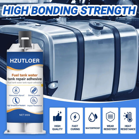 Instant Fuel And Water Tank Repair Adhesive Kit 85g Waterproof High Temp Bond For Cars Motorcycles Trucks And Solar Heaters No Leak Easy DIY Fix Fast Set with a metal fuel tank in background.