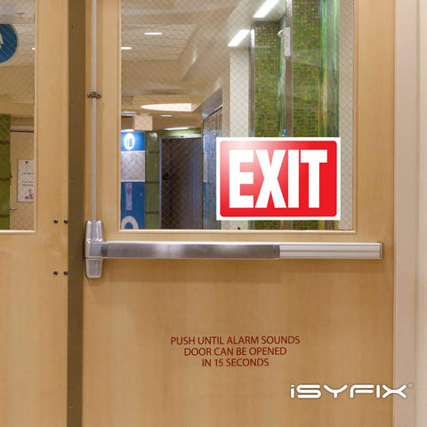2 Pack 10x7 Inch Exit Sign Stickers on glass door, premium self-adhesive vinyl laminated for indoor emergency use